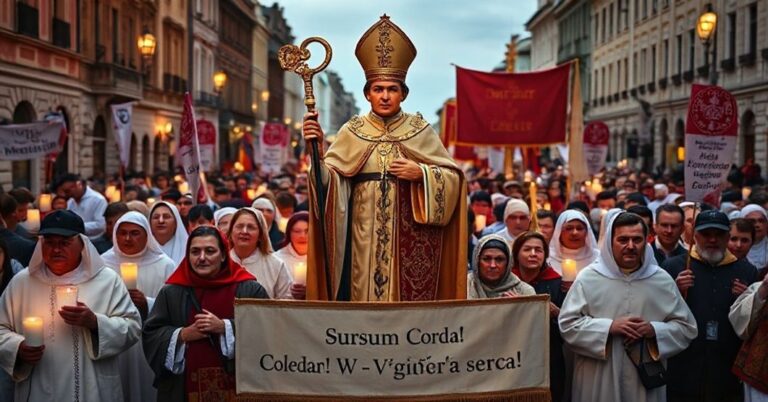 Tradycyjni katolicy uczestniczą w marszu po Krakowskim Przedmieściu w Warszawie, trzymając pochodnie i transparenty z hasłem 'Sursum Corda! - W górę serca!'