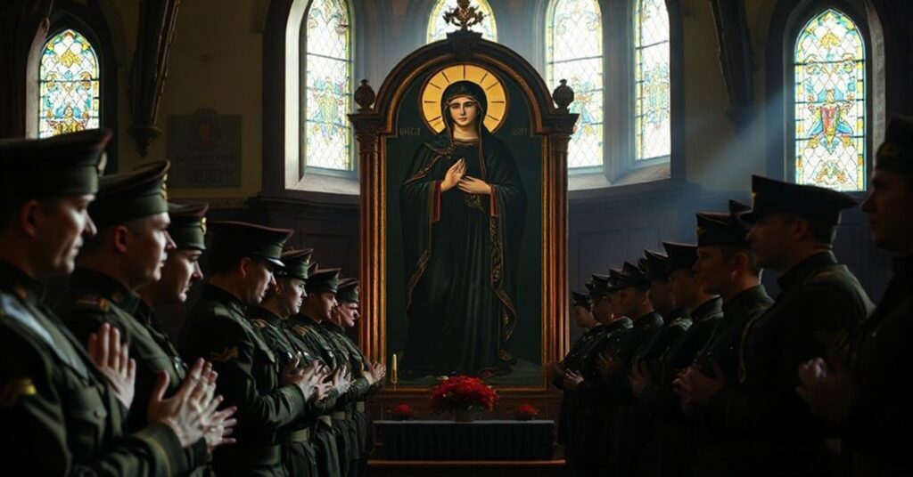 Ikona Matki Boskiej Częstochowskiej w kaplicy wojskowej otoczona modlącymi się żołnierzami w historycznych mundurach. Scena jest oświetlona naturalnym światłem przecierającym się przez witraże, podkreślającą duchowy charakter modlitwy.