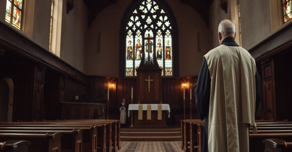 Tradycyjny kościół katolicki z pustym chrzcielnicą symbolizującą nieważność sakramentów posoborowych.