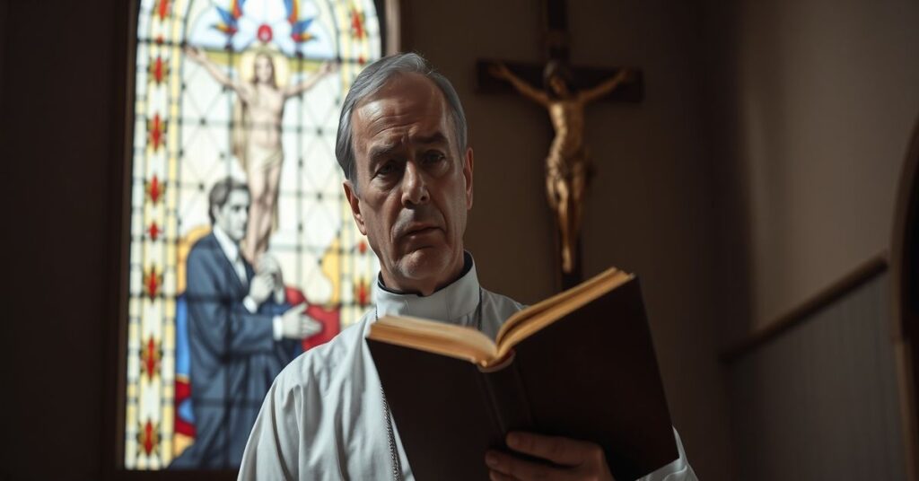 Ks. Jarosław Tomaszewski przed krzyżem w tradycyjnym kościele katolickim