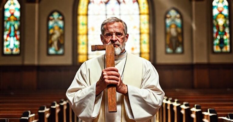 Kapłan John-Henry Westen w tradycyjnym koście z krzyżem w dłoniach, na tle witrażów przedstawiających Narodzenie Chrystusa