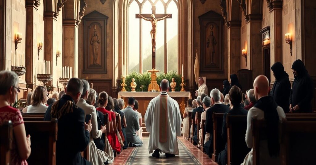 Grupa dorosłych otrzymujących chrzest w tradycyjnym kościele francuskim od sakramentu Sedevacantist. Scena symbolizuje prawdziwą wiarę katolicką w kontrast z modernistycznymi strukturami.