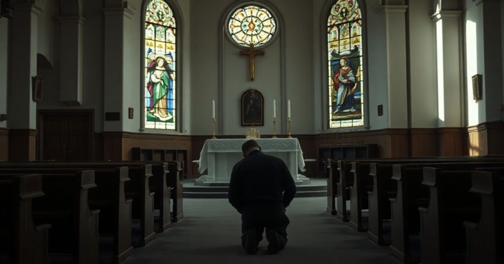 Wnętrze kościoła z pustym tabernakulum, samotny wierny modli się w smutku, kontrastujący z nowoczesnym ołtarzem
