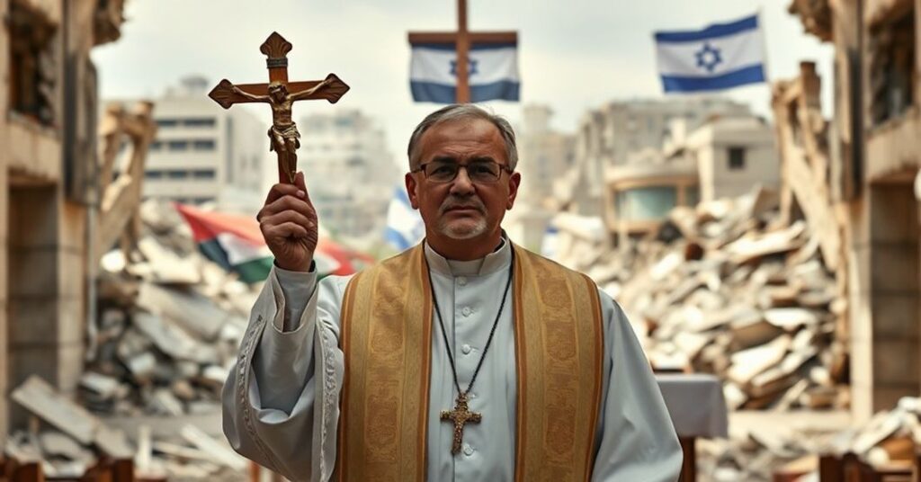 Ksiądz w tradycyjnych szatach stoi przed zniszczonym ołtarzem w zniszczonym kościele podczas wojny Izraela z Hamassem