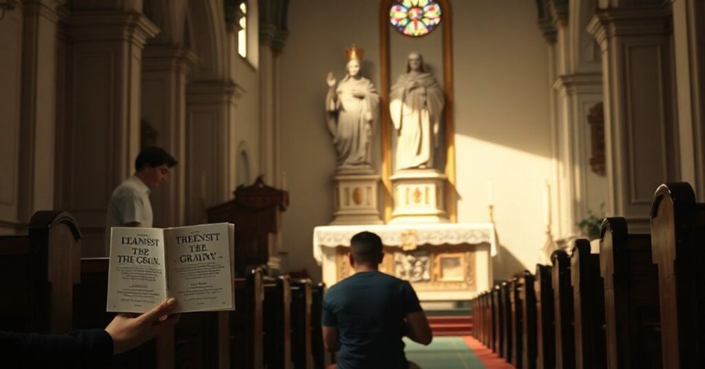 Wnętrze tradycyjnego kościoła katolickiego z rzeźbą świętego kanonizowanego przed soborem watykańskim II. Młody człowiek modli się z książką "Przeciwko zgraniu" Douga Granesa.