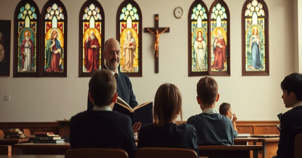 Scena klasy szkolnej z nauczycielem i uczniami symbolizująca walkę o prawdziwe katolickie wykształcenie religijne