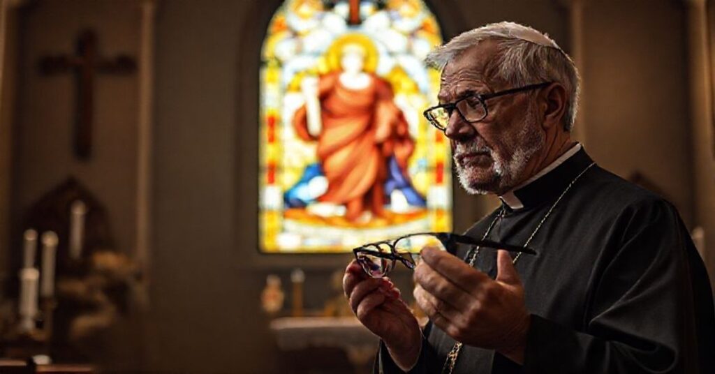 Tradycyjny katolicki ksiądz w kościele przed witrażem przedstawiającym uzdrowienie niewidomego przez Chrystusa. Na pierwszym planie pacjent z zaawansowanym zwyrodnieniem plamki żółtej trzyma okulary z implantem PRIMA.