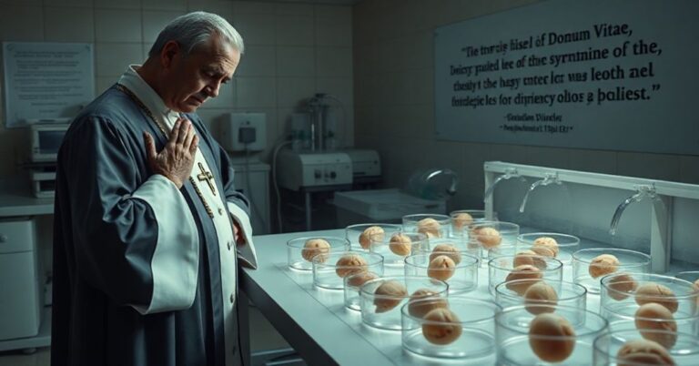 Scena przedstawiająca moralny horror in vitro: laboratorium z odrzuconymi embrionami w płytkach Petriego, otoczone sprzętem medycznym. Kapłan w tradycyjnych szatach modli się w smutku i potępieniu. W tle cytat z 'Donum Vitae'.