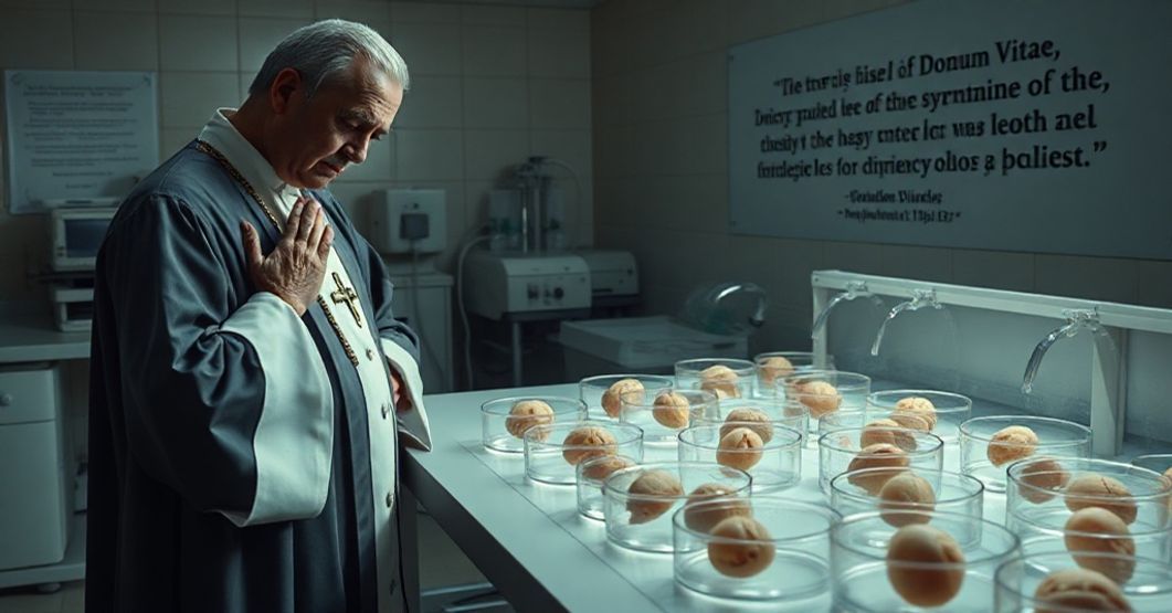 Scena przedstawiająca moralny horror in vitro: laboratorium z odrzuconymi embrionami w płytkach Petriego, otoczone sprzętem medycznym. Kapłan w tradycyjnych szatach modli się w smutku i potępieniu. W tle cytat z 'Donum Vitae'.