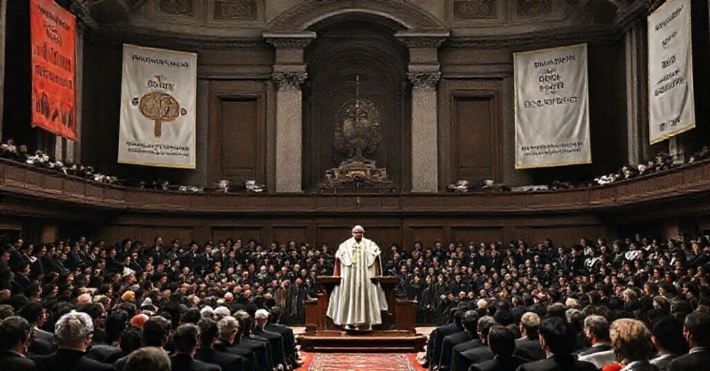 Uroczystość inauguracyjna roku akademickiego na Uniwersytecie Laterańskim z udziałem "papieża" Leona XIV i arcybiskupa Alfonsa Amarante.