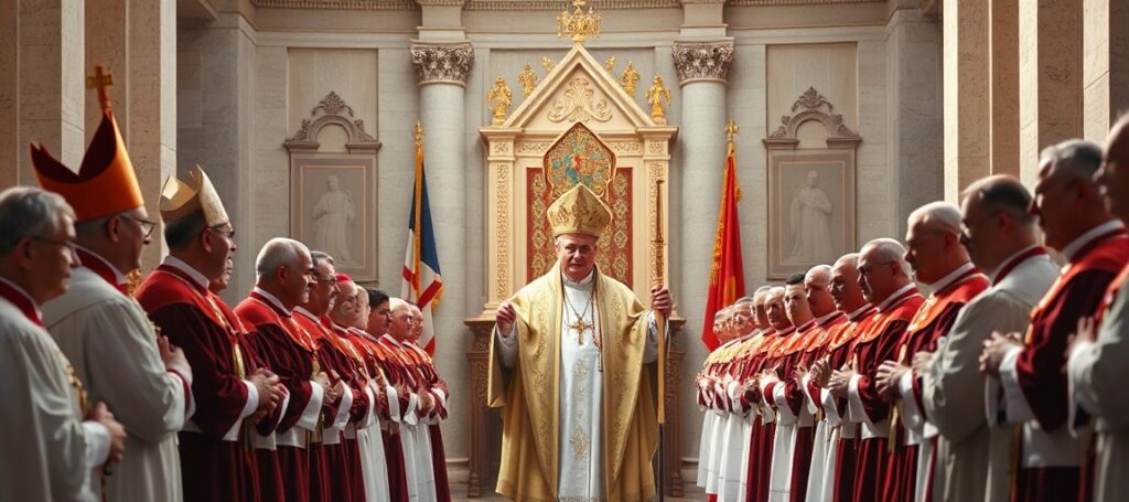 Scena inauguracji uzurpatora Leona XIV (Roberta Prevusta) na Placu św. Piotra w Watykanie. Impostor w papieskich insygniach otoczony biskupami i kardynałami w ceremonialnych szatach.
