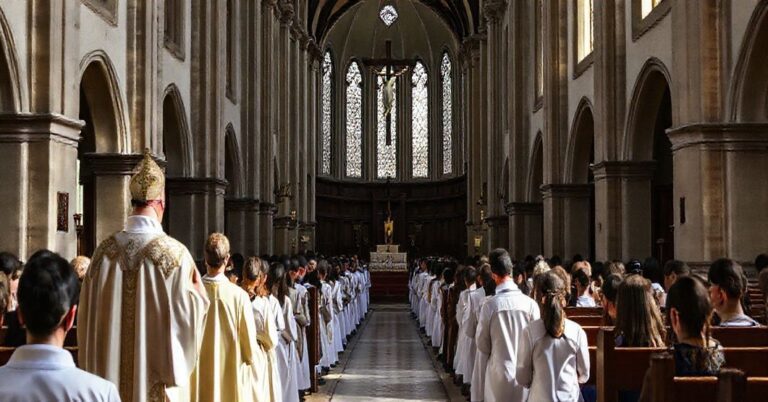 Tradycyjna katolicka katedra z procesją studentów i duchowieństwa, podkreślającą pokorę i oddanie. Biskup w pełnym stroju liturgicznym, modlący się kler i łaciny na przestronnym ołtarzu.