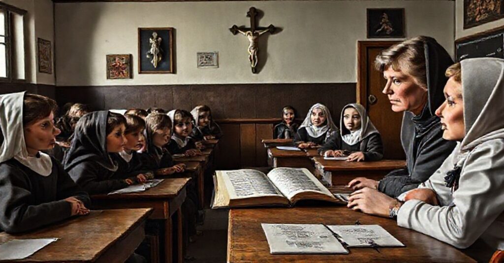 Mroczny widok sali szkolnej z katolickimi uczniami i nauczycielami w tradycyjnych strojach słuchającymi Barbary Nowackiej promującej ideologię genderową. Na ścianie krucyfiks i święte obrazy kontrastują z nowoczesnymi materiałami propagandowymi o "różnorodności płciowej". Dzieci wyrażają zmęczenie i niepokój.