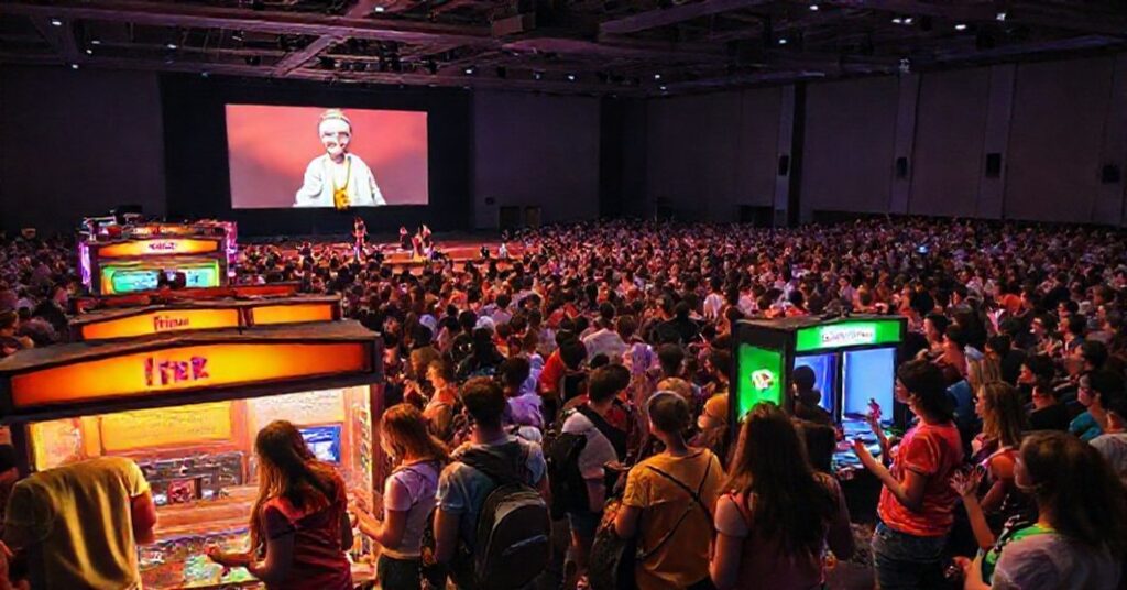 Grupa młodzieży na National Catholic Youth Conference 2025 w Indianapolis, wokół interaktywnych stanowisk 'Ja Jestem', które przypominają parodie sakramentów.