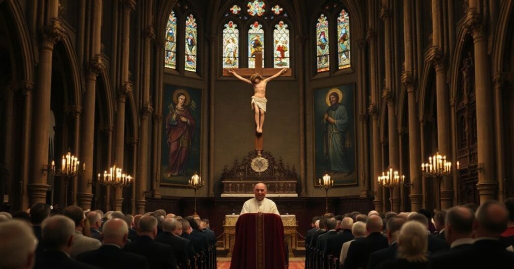 Krakowski Kościół w świetle tradycyjnej katolicyzmu: wnętrze katedry na Wawelu podczas kontrowersyjnego ingresu 'kardynała' Grzegorza Rysia w 2025 roku.