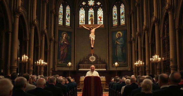 Krakowski Kościół w świetle tradycyjnej katolicyzmu: wnętrze katedry na Wawelu podczas kontrowersyjnego ingresu 'kardynała' Grzegorza Rysia w 2025 roku.