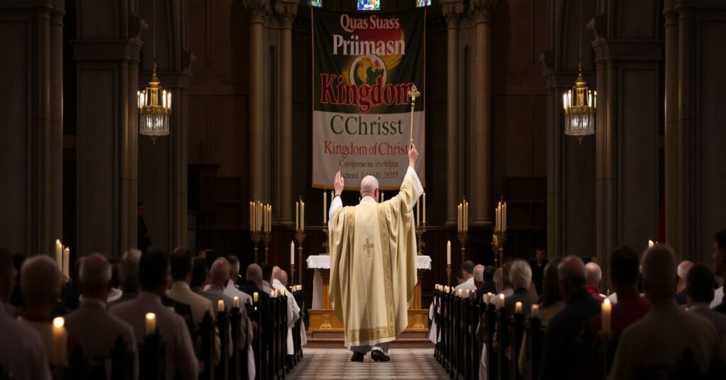 Katedra łódzka podczas uroczystej Mszy Trydenckiej z biskupem w pełnym ornacie liturgicznym. Scena oświetlona świecami podkreśla sakramentalną głębokość liturgii.