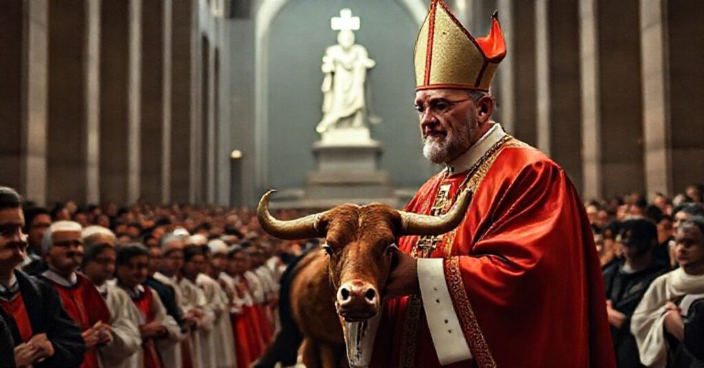 Solemne zdjęcie przedstawiające 'kardynała' Grzegorza Rysia podczas ingresu na urząd 'metropolity krakowskiego', z fałszywą bullą papieską w ręku w nowoczesnej bazylice.