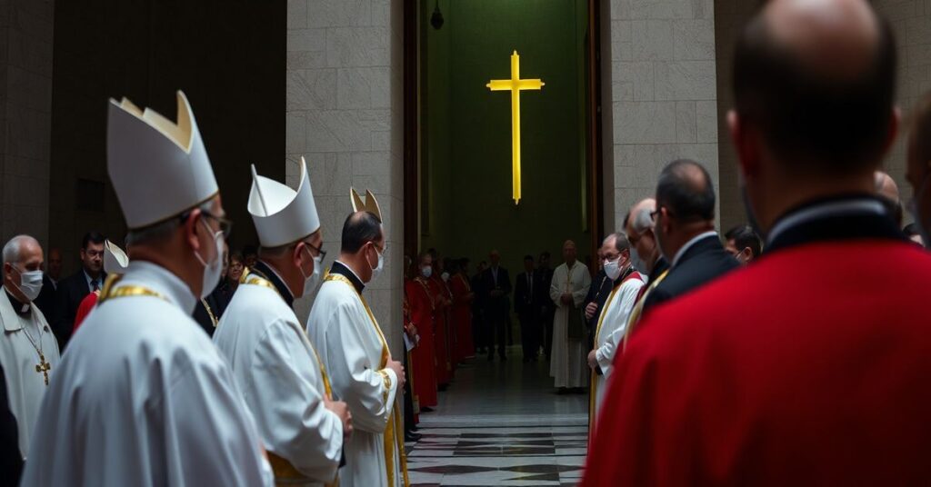 Obraz przedstawiający kontrowersyjny ingres rzekomego biskupa Marka Solarczyka do modernistycznej struktury w Radomiu w 2021 roku, ukazujący brak ważności sakramentalnej i apostazję.