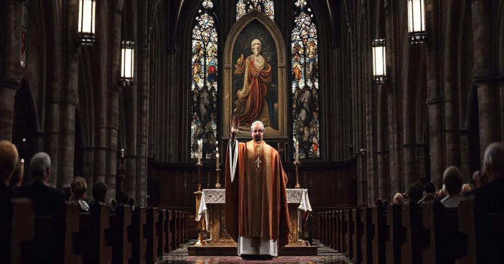 Scena wzruszająca i smutna w katedrze Świętego Mikołaja w Elblągu podczas ingresu bp. Wojciecha Skibickiego. Gotycka architektura kontrastuje z nowoczesnymi elementami liturgicznymi.