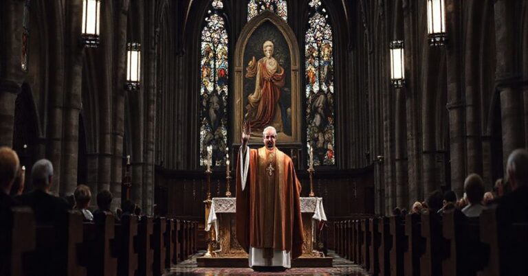 Scena wzruszająca i smutna w katedrze Świętego Mikołaja w Elblągu podczas ingresu bp. Wojciecha Skibickiego. Gotycka architektura kontrastuje z nowoczesnymi elementami liturgicznymi.