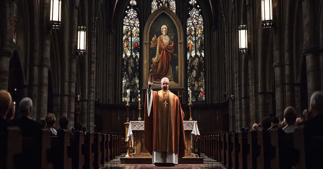 Scena wzruszająca i smutna w katedrze Świętego Mikołaja w Elblągu podczas ingresu bp. Wojciecha Skibickiego. Gotycka architektura kontrastuje z nowoczesnymi elementami liturgicznymi.
