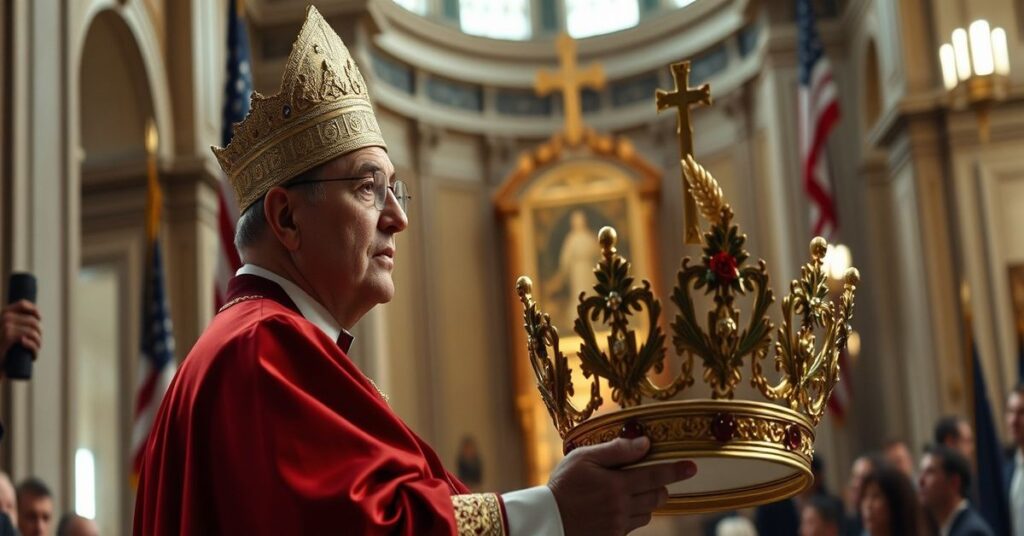 A solemn Catholic scene depicting the controversial American crowdfunding campaign by traditionalists to gift a papal tiara to "Pope" Leo XIV (Robert Prevost), featuring American symbols on the tiara.