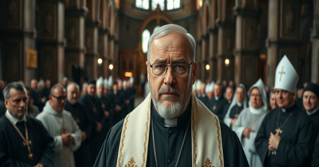 Zdjęcie przedstawiała Zbigniewa Ziobry w tradycyjnym kościele katolickim z martwymi wyrażeniami twarzy kleru i wiernych na tle chaosu w instytucjach prawnych Polski. Scena podkreśla krytykę moralno-teologiczną instrumentalizacji prawa w celach politycznych.