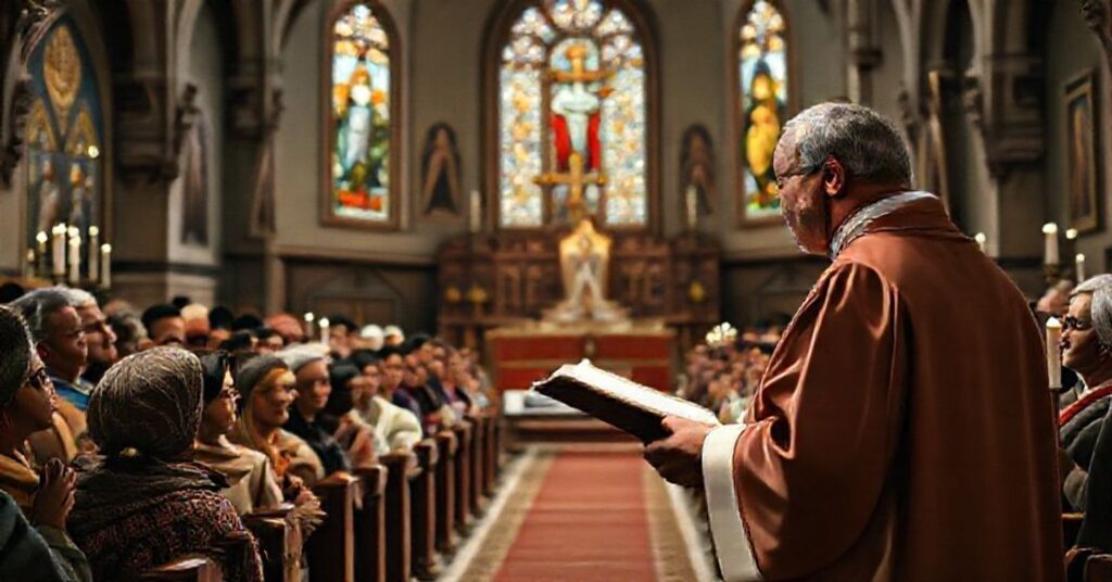 Tradycyjny katolicki obraz przedstawiający księdza w szatach liturgicznych przed zgromadzeniem imigrantów, prowadzącego katechezę o zbawieniu dusz.