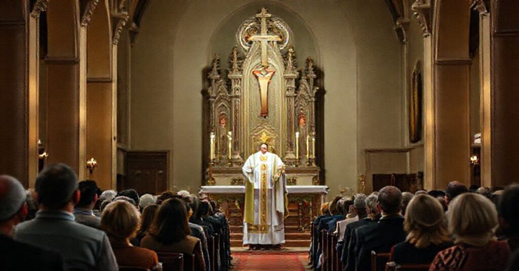 Biskup Ewelina Burdy w kościele podczas mszy ze skupioną społecznością o różnym pochodzeniu etnicznym