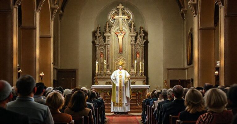 Biskup Ewelina Burdy w kościele podczas mszy ze skupioną społecznością o różnym pochodzeniu etnicznym