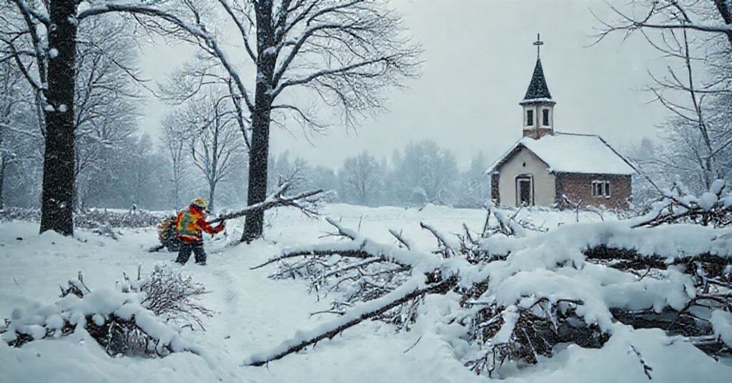 Czynności ratownicze w czasie intensywnych opadów śniegu na południu Polski w dniu uroczystości Chrystusa Króla. Pracownicy usunięcia drzew w białym otoczeniu z kościołem na tle.