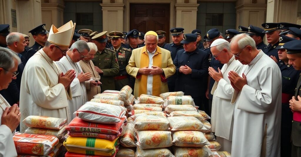 Tradycyjni katolicy w modlitwie otoczeni żywnością przeznaczoną dla ubogich, na tle policji i urzędników