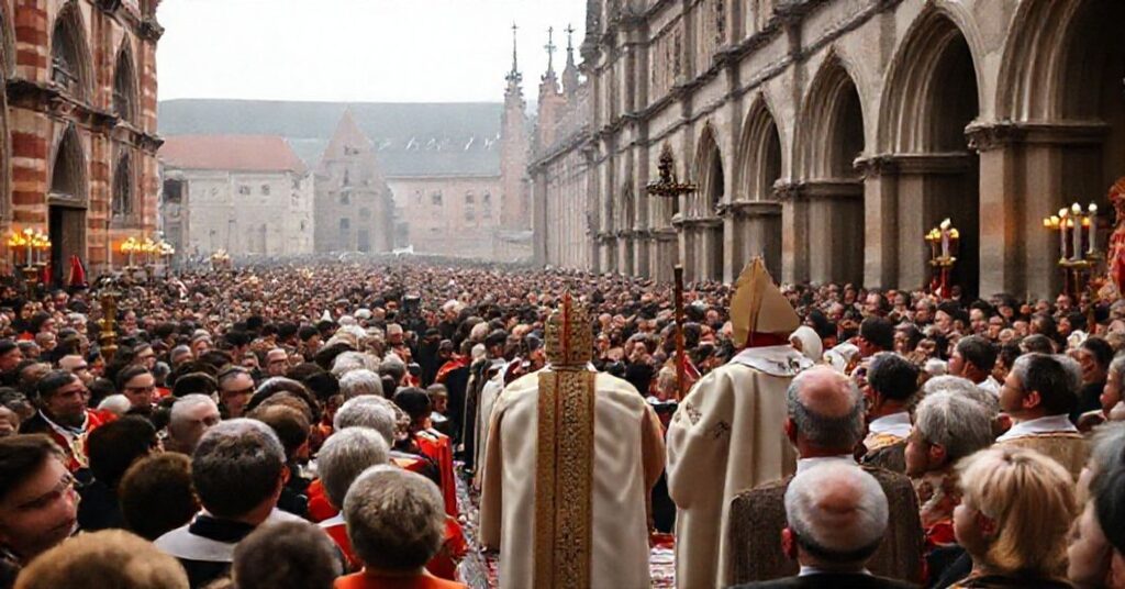 Ceremonia intronizacji 'księcia' Grzegorza Rysia na Wawelu w Krakowie w grudniu 2025 r. Scena przedstawia uroczystość kościelną z biskupami Jadwigą Św. i Janem Małachowskim w tle, z podtekstem krytyki jego nowoczesnej wizji Kościoła.