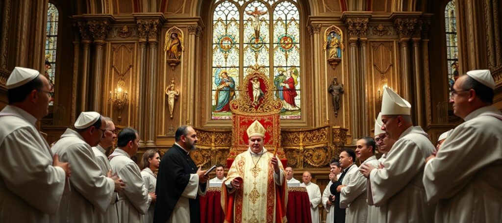 Uroczysta intronizacja patriarchy chaldejskiego w tradycyjnym kościele katolickim z kardynałem Gugerottim na tle współczesnej apostazji.