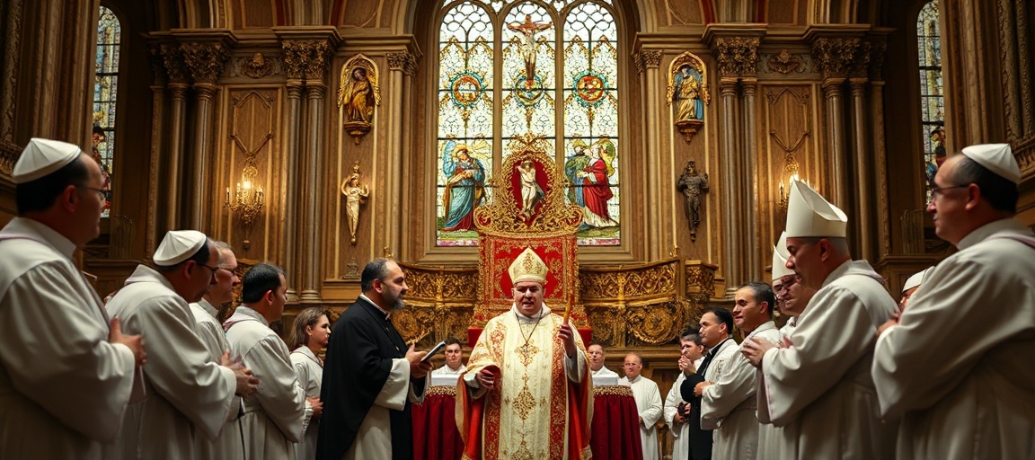 Uroczysta intronizacja patriarchy chaldejskiego w tradycyjnym kościele katolickim z kardynałem Gugerottim na tle współczesnej apostazji.