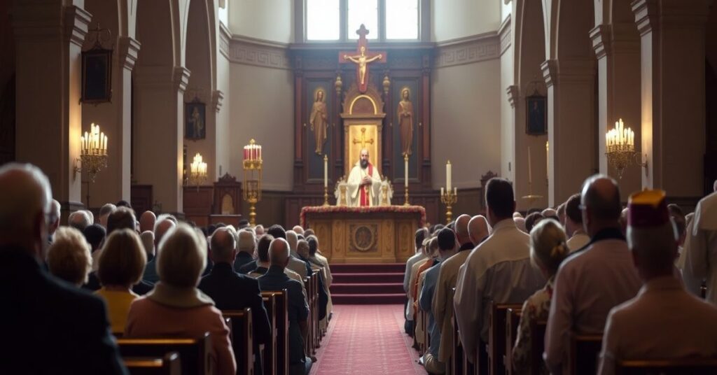 Obraz przedstawiający intronizację Najświętszego Serca Pana Jezusa w parafii w Wawrowie z udziałem biskupów i księży posoborowych.