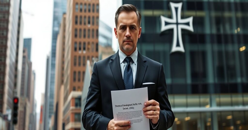 Poważny portret biznesmena przed biurowcem z dokumentem Catholic Extension Society