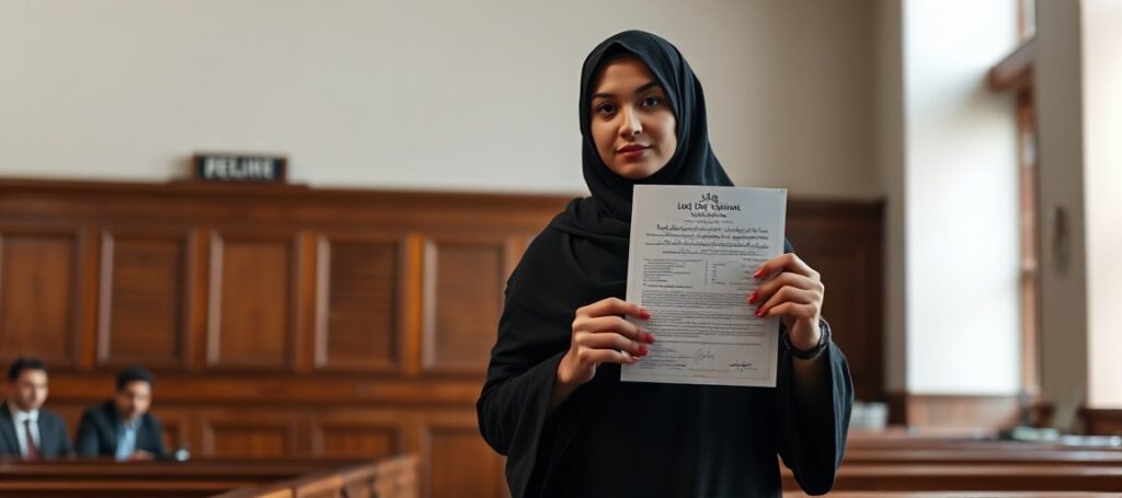Iracka kobieta Maryam trzyma dokument potwierdzający zmianę statusu religijnego z muzułmanki na chrześcijankę w sądzie