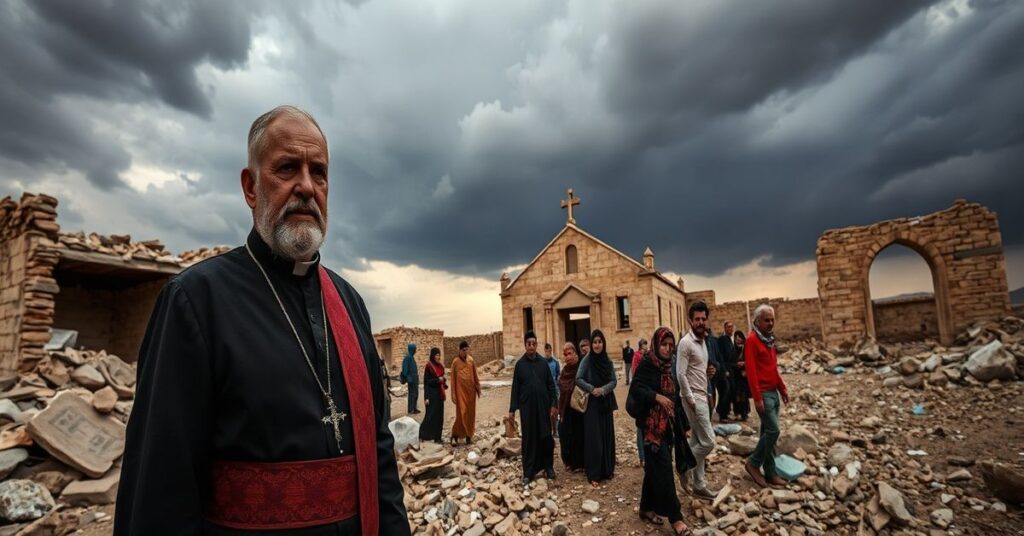 Stojący w ruinach kościoła w Alkoszu, Irak: "Ksiądz" Ghazwan Baho z grupą chrześcijańskich rodzin poszukujących schronienia na tle burzowego nieba