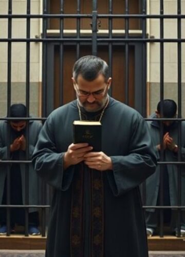 Iran: Tortury i prześladowania katolików za wiarę w Chrystusa Katolicki ksiądz w tradycyjnych szatach modlących się przed sądem w Iranie z pięcioma katolickimi więźniami za kratami