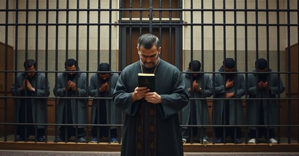 Katolicki ksiądz w tradycyjnych szatach modlących się przed sądem w Iranie z pięcioma katolickimi więźniami za kratami