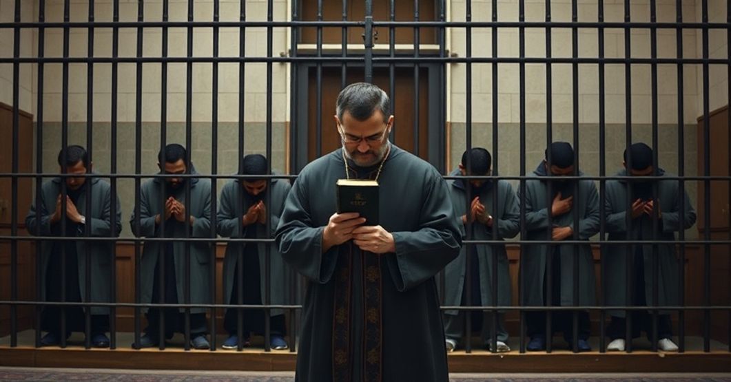 Iran: Tortury i prześladowania katolików za wiarę w Chrystusa Katolicki ksiądz w tradycyjnych szatach modlących się przed sądem w Iranie z pięcioma katolickimi więźniami za kratami