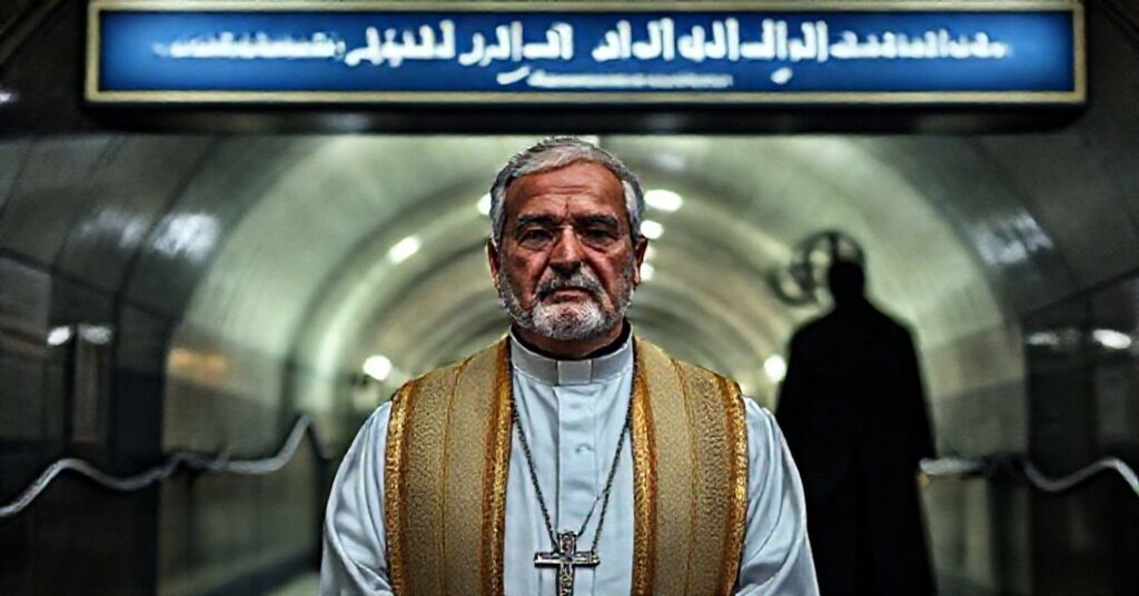 Ksiądz w tradycyjnych szatach kapłańskich stoi przed wejściem do stacji metra w Teheranie poświęconej 'Świętej Dziewicy Marji', symbolizując prześladowania chrześcijan w Iranie.