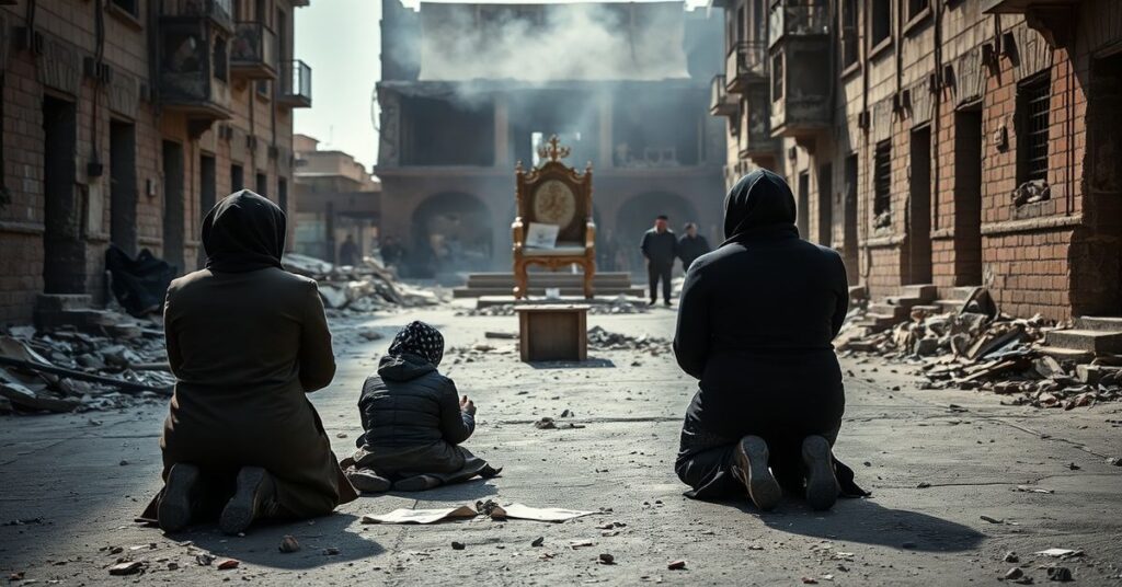 Grupa rodziców irańskich dzieci klęczy na ulicach Minab przed zniszczoną szkołą Shajarah Tayyebeh.