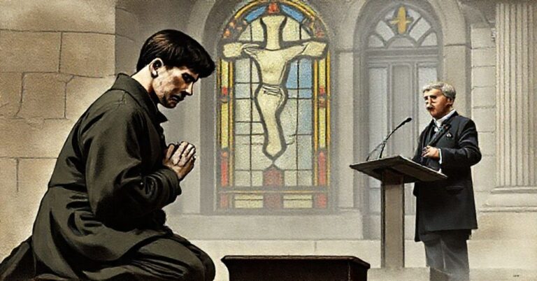 Obraz przedstawiający kontrast między pobożnością męczenników Wielkanocowego Powstania 1916 roku a współczesną sekularną polityką Irlandii.