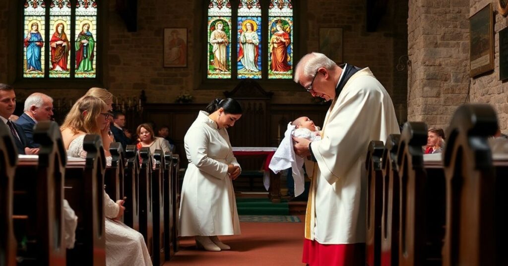 Chrzest niemowlaka w tradycyjnym koście katolickim w Irlandii, z uroczyściami i rodzicami w modlitwie.