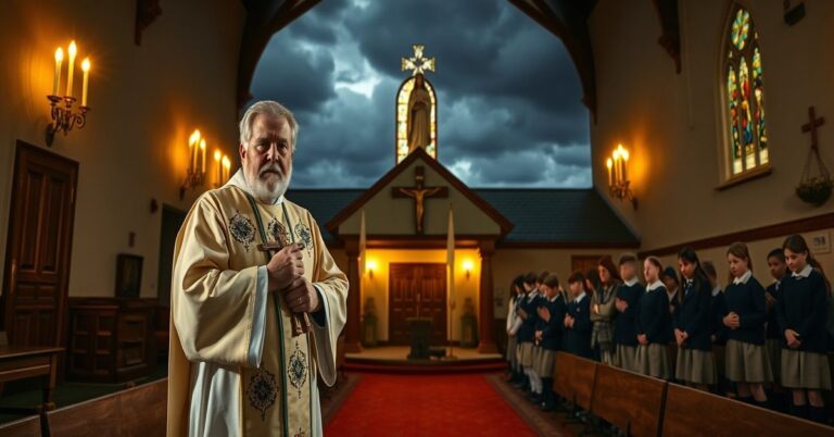 Tradycyjny ksiądz sedevacantysta modli się w irlandzkim kościele przed zamkniętą szkołą, z grupą dzieci w mundurkach na kolanach i płacząca statua Matki Bożej z Knock na tle.