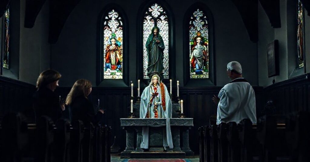 Sobór katolicki w Irlandii Północnej z modlącym się kapłanem przed statuą Matki Boskiej Boleściowej