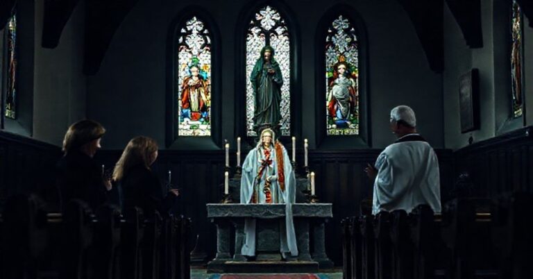 Sobór katolicki w Irlandii Północnej z modlącym się kapłanem przed statuą Matki Boskiej Boleściowej